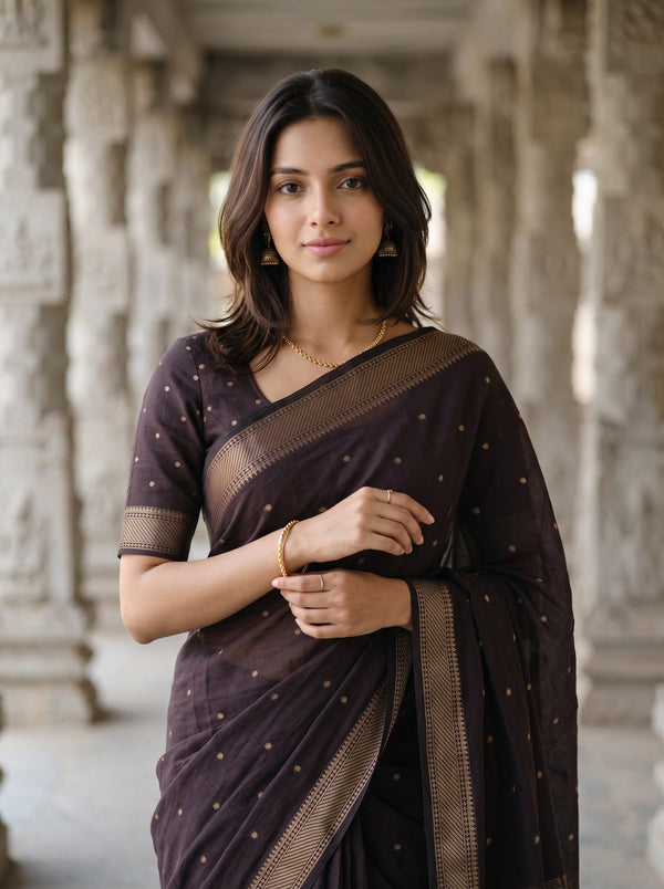 Cotton Dark Plum Copper Golden Dotted Butta Pallu Braided Tassel Saree