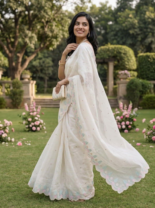 Organza Off White Pastel Rose Embroidered Scalloped Border Saree