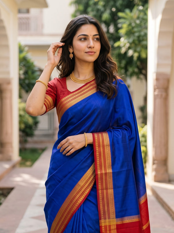 Pure Mysore Silk Royal Blue Plain Saree with Contrast Red Zari Striped Pallu