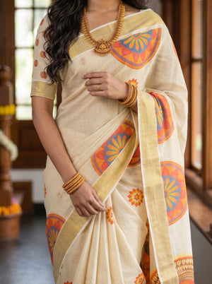 Cotton Cream  Mandala Print with Theyyam Motif Border Set Saree