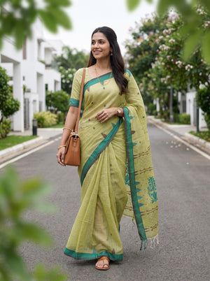 Cotton Lime Green Teal Border Handloom Booti Saree