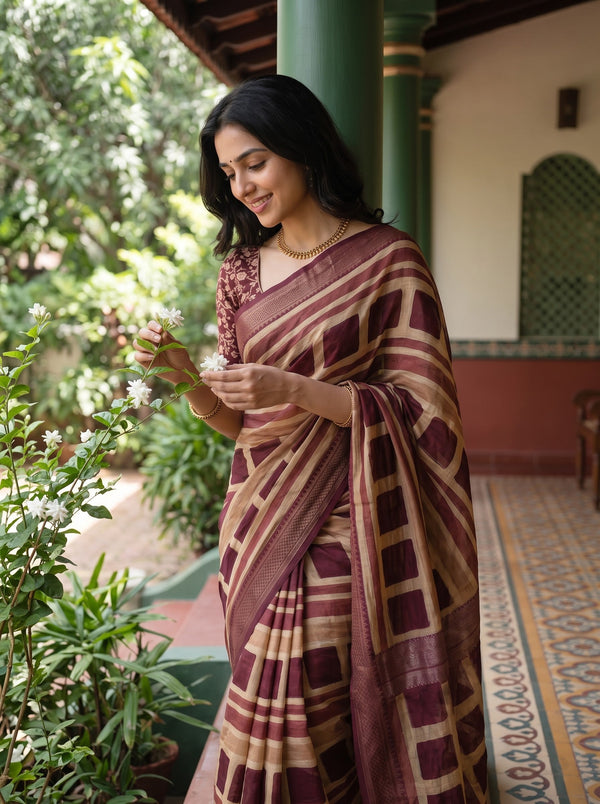Pure Chanderi Maroon Tan Checkerboard Stripe Print Chevron Border Saree
