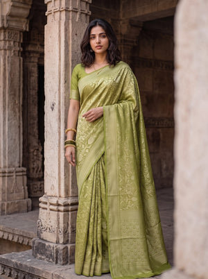 Banarasi Olive Green Self-Tone Floral Jacquard Saree