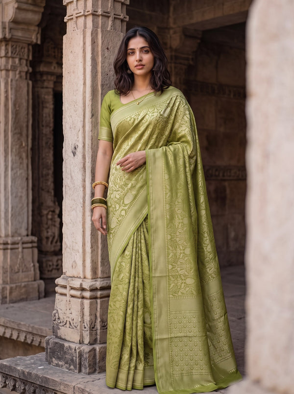 Banarasi Olive Green Self-Tone Floral Jacquard Saree