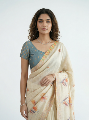 Tissue Silk Cream Watercolor Floral Print Set Saree with Woven Border