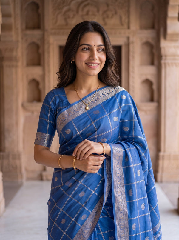 Semi Silk Blue Golden Paisley Border Saree