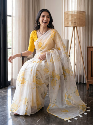 Organza White Yellow Hibiscus Floral Print Saree with Tassels