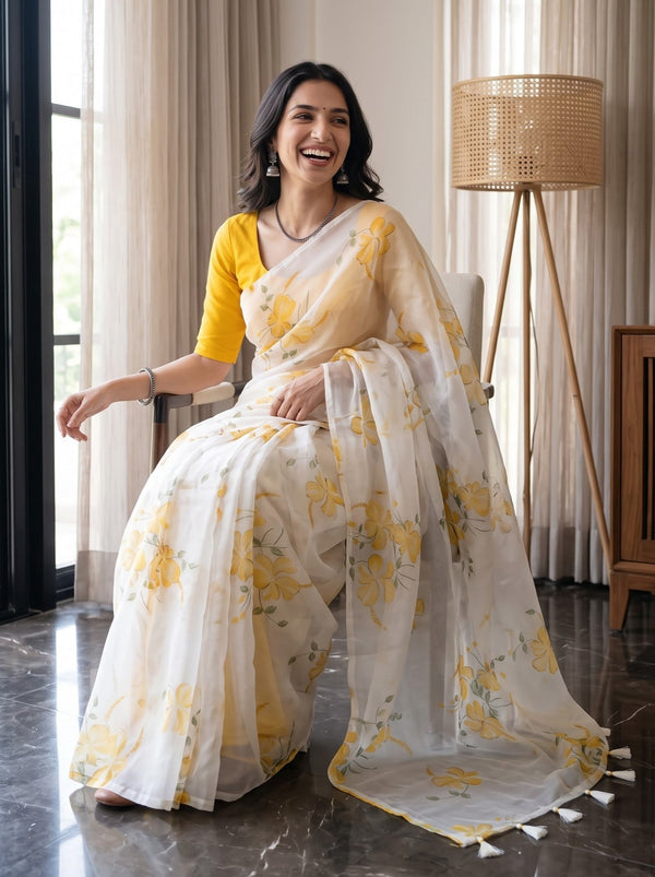 Organza White Yellow Hibiscus Floral Print Saree with Tassels