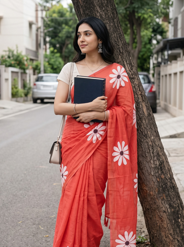 Cotton Red Saree with White Daisy Flower Print