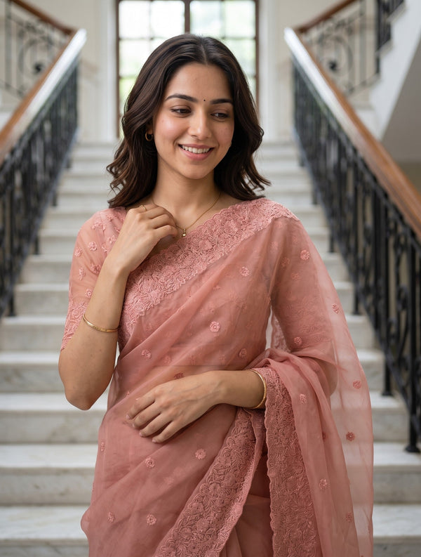 Organza Dusty Pink Self-Tone Floral Scalloped Lace Border Saree