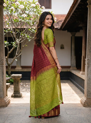 Semi Silk Maroon Green Ombre Zari Butti Saree