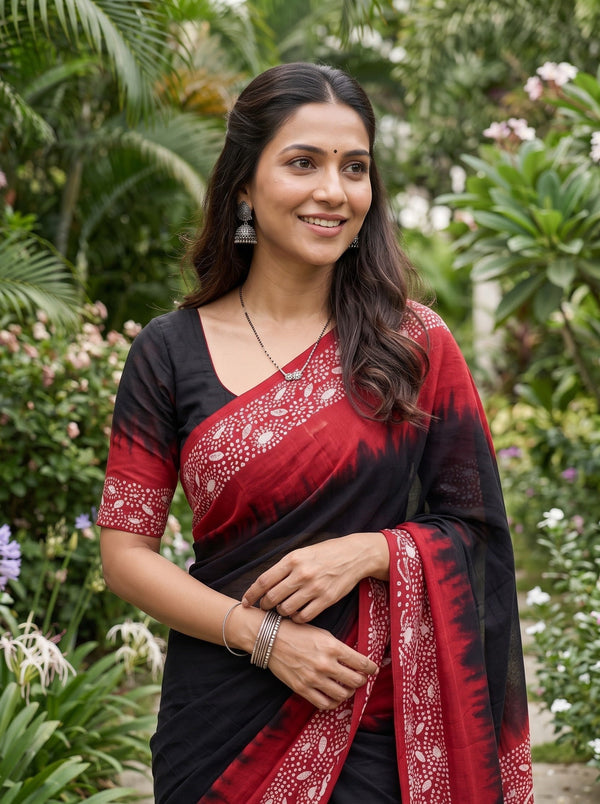 Cotton Maroon Saree with Black Floral Geometric Print