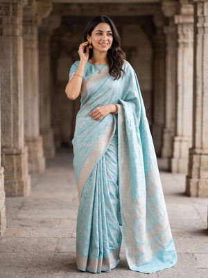 Banarasi Sky Blue Saree with Golden Zari Floral Vine Design and Brocade Pallu