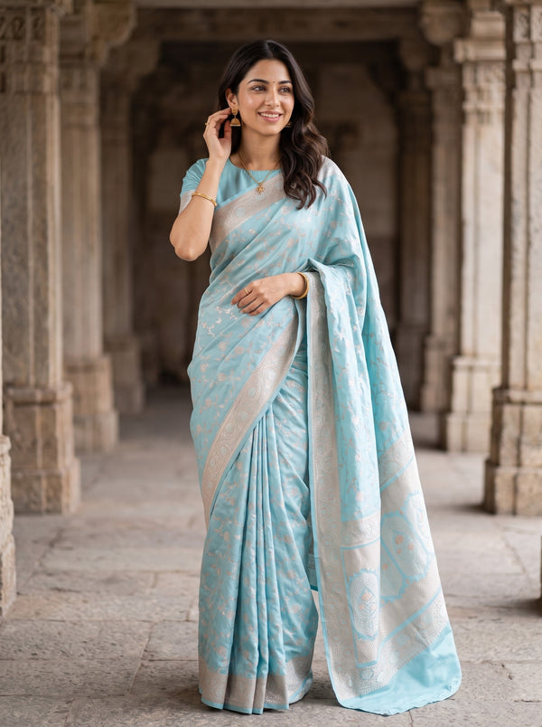 Banarasi Sky Blue Saree with Golden Zari Floral Vine Design and Brocade Pallu