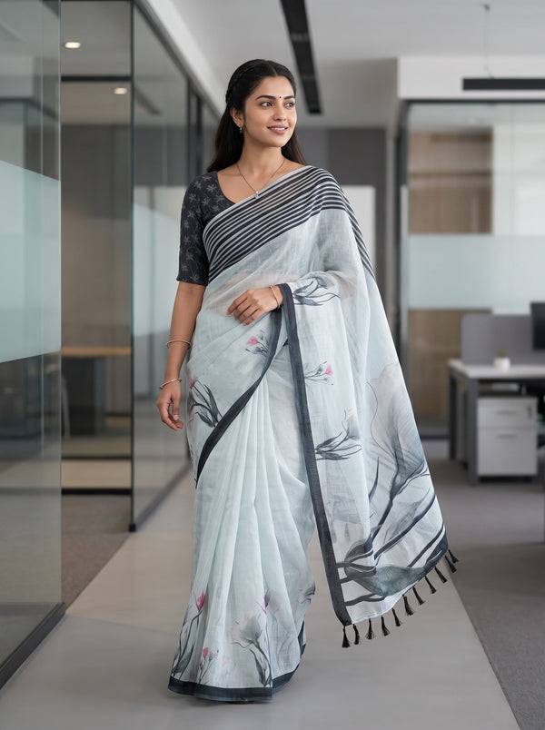 Cotton Mint Blue Saree with Watercolor Tulip Print and Striped Border