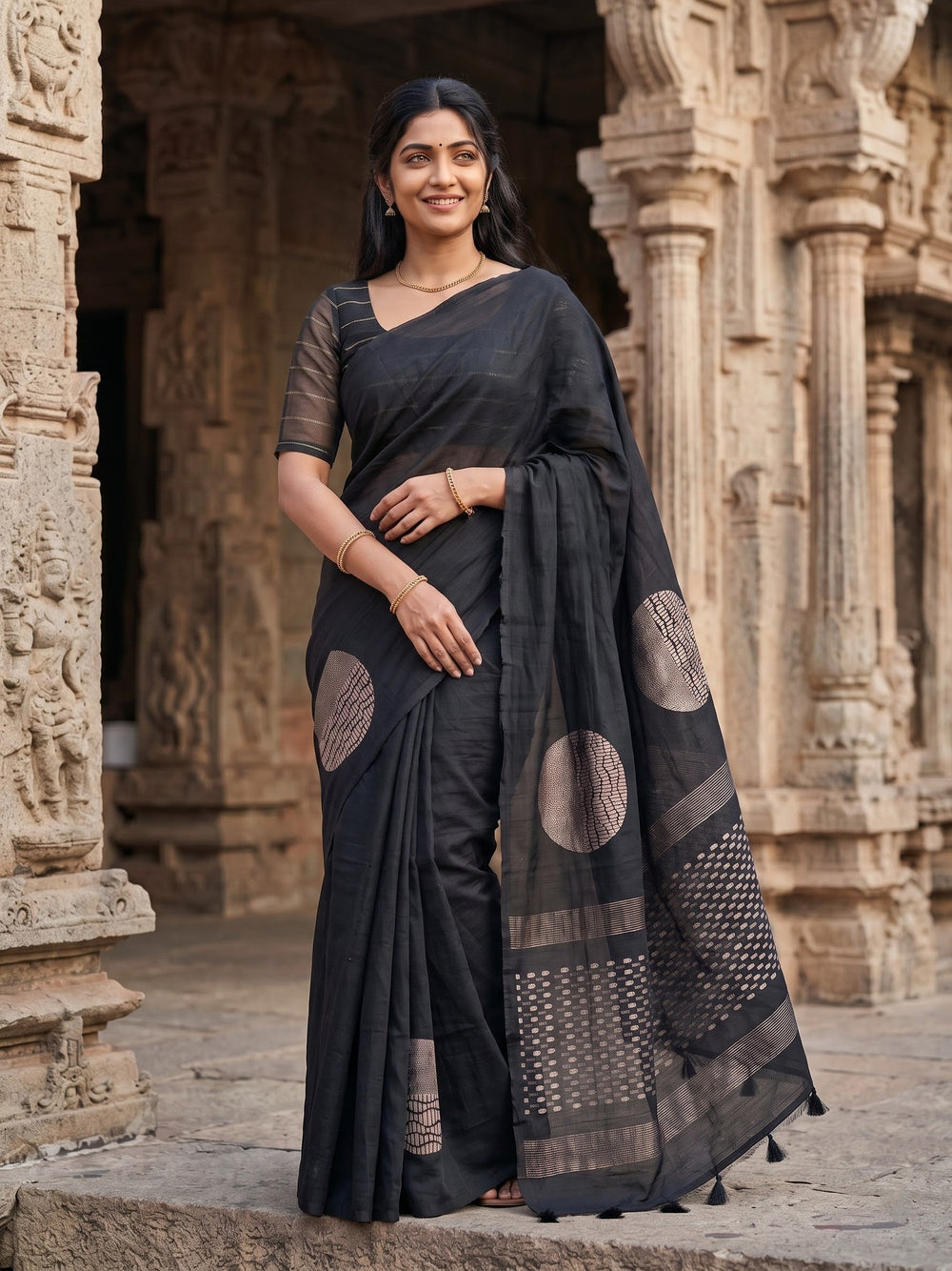 Matka Silk Black Zari Circular Medallion Saree with Tassels