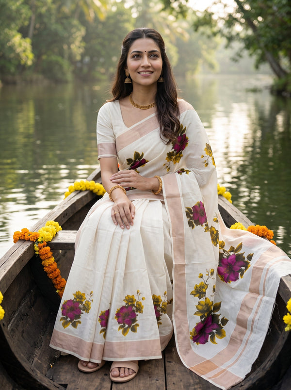 A woman wearing a white saree with pink stripes and purple floral prints sits in a wooden boat on a lake, with green trees in the background.