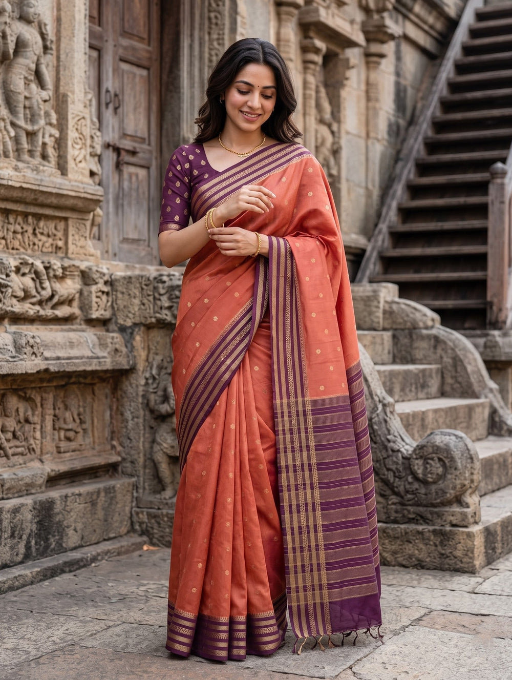Semi Silk Rust Contrast Purple Zari Border Saree