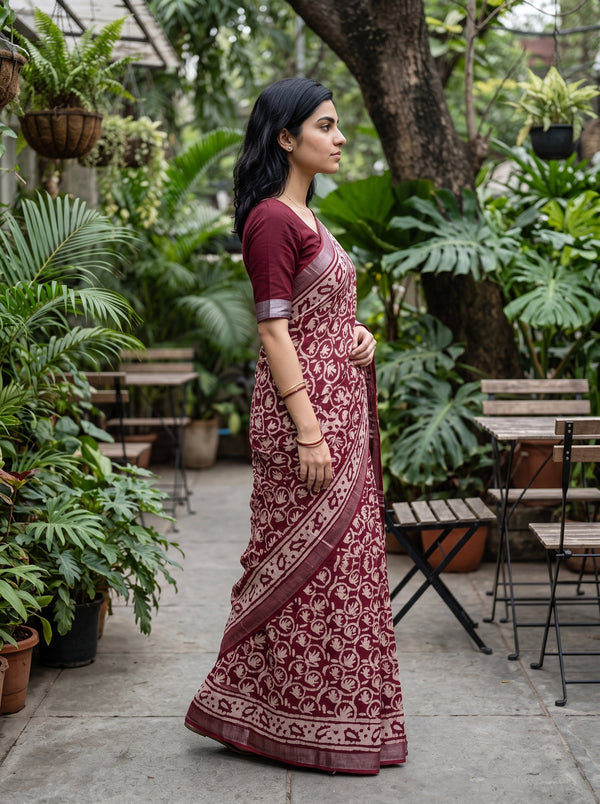 A woman wearing a maroon and beige floral patterned saree with a matching maroon blouse, standing in a lush garden courtyard.