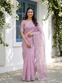 Organza Mauve Self-Tone Rose Floral Embroidered Lace Border Saree