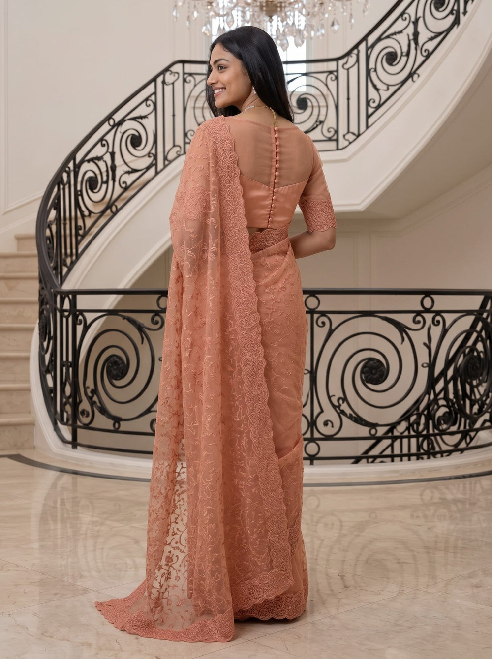 Organza Peach Saree with Floral Vine Embroidery and Scalloped Border