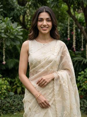 Organza Ivory Floral Embroidery Designer Saree