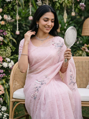 Organza Pink Beaded Bird and Blossom Embroidered Designer Saree