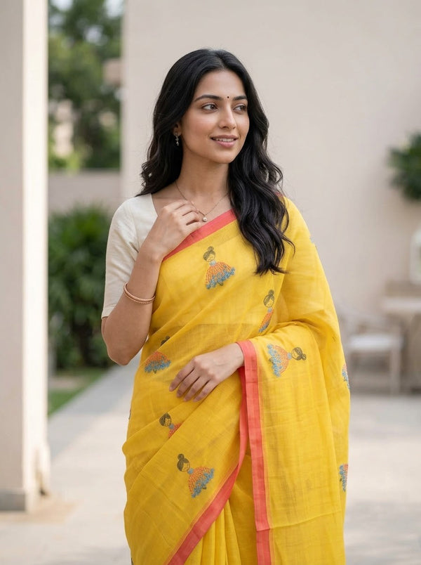 Cotton Linen Saree in Yellow with Cute Umbrella-Skirt Figure Print and Coral Trim