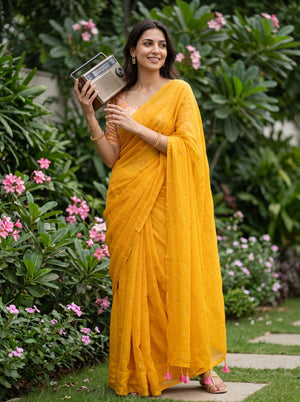 Chiffon Yellow Saree with Sequin Dots and Pink Tassels