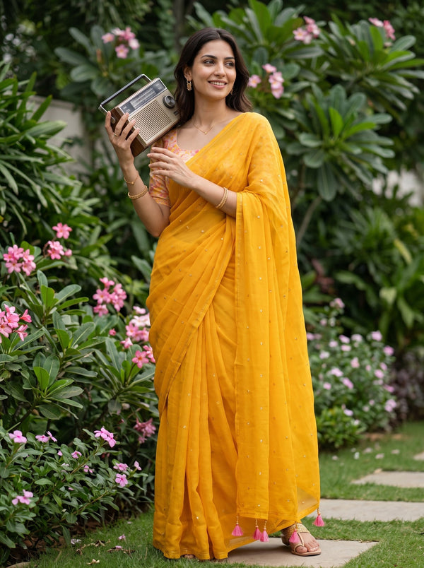 Chiffon Yellow Saree with Sequin Dots and Pink Tassels