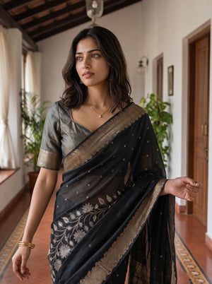 Semi Silk Black Golden Floral Vine Border Saree with Tassels