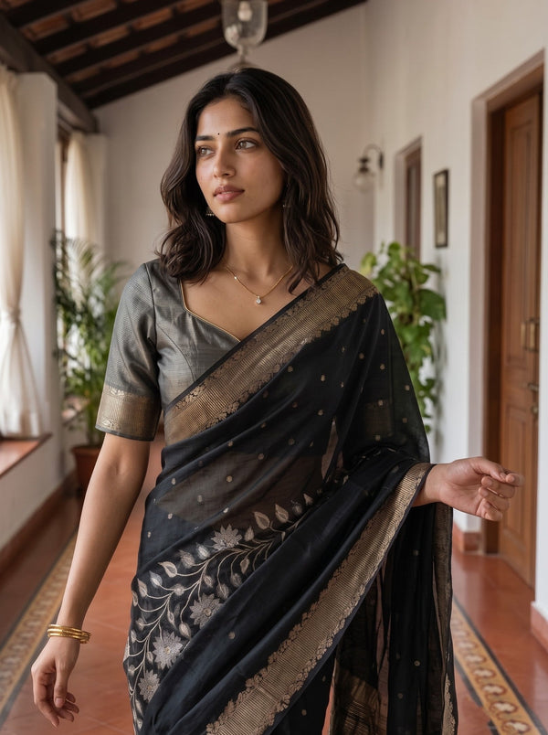 Semi Silk Black Golden Floral Vine Border Saree with Tassels