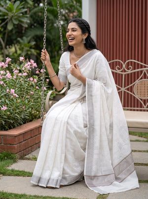 Cotton Off-White Self-Tone Geometric Weave Saree with Beige Jacquard Border