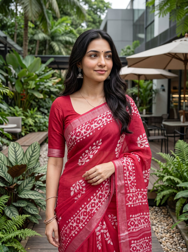 A woman wearing a red saree with white floral and geometric patterns, standing in a lush green outdoor patio setting.
