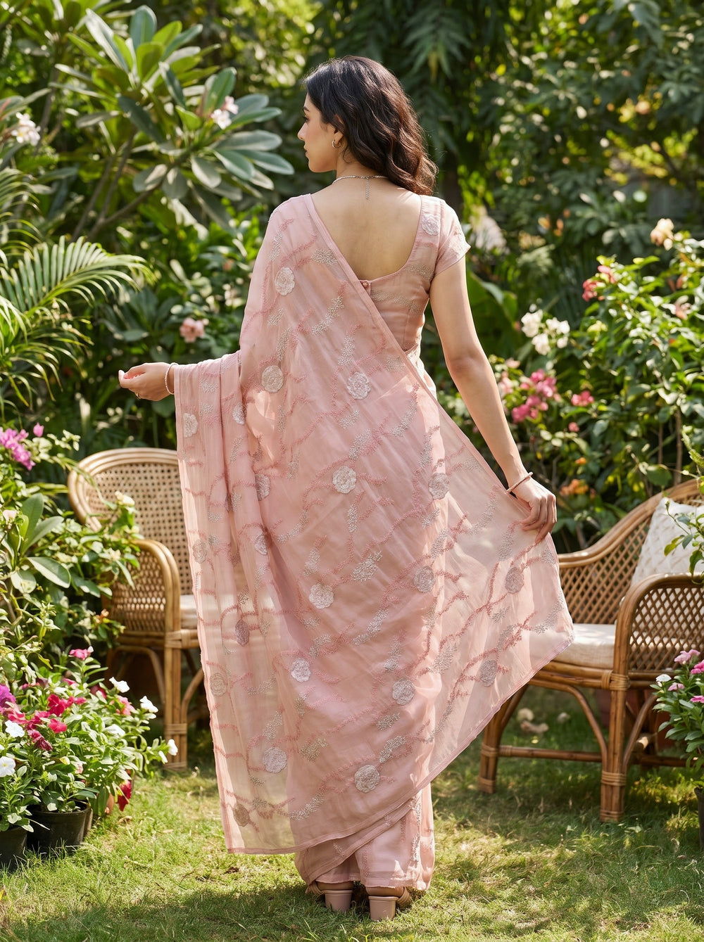 Organza Peach Pink Silver Zari Rose Floral Vine Embroidered Saree