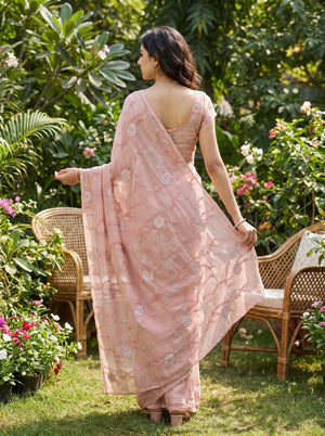 Organza Peach Pink Silver Zari Rose Floral Vine Embroidered Saree
