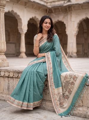 Semi Tussar Teal Green Lotus Fish Print border Saree