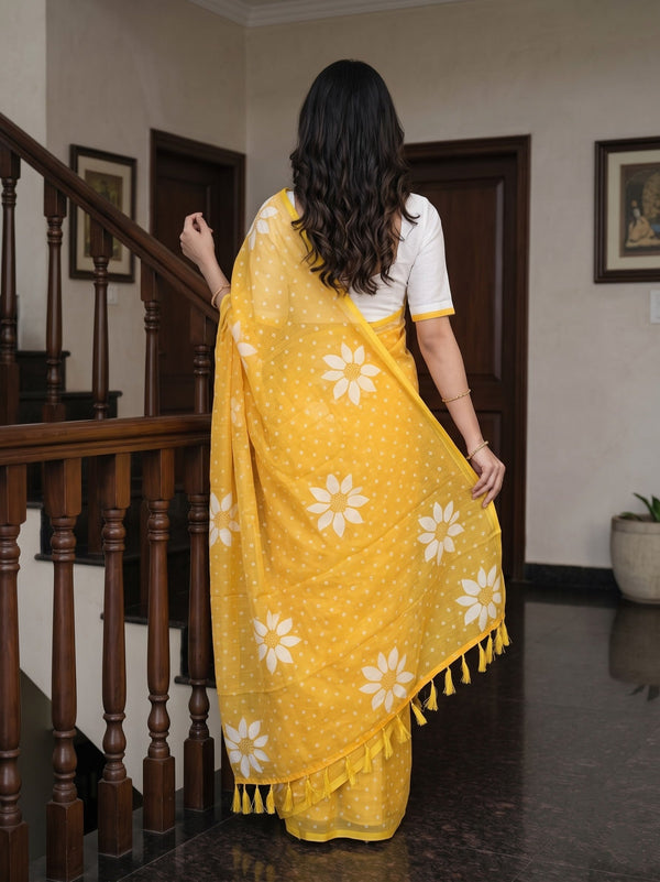 Cotton Yellow Saree with White Daisy Print and Polka Dots