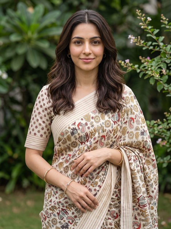 Cotton Saree in Off-White with Kalamkari Tribal Print