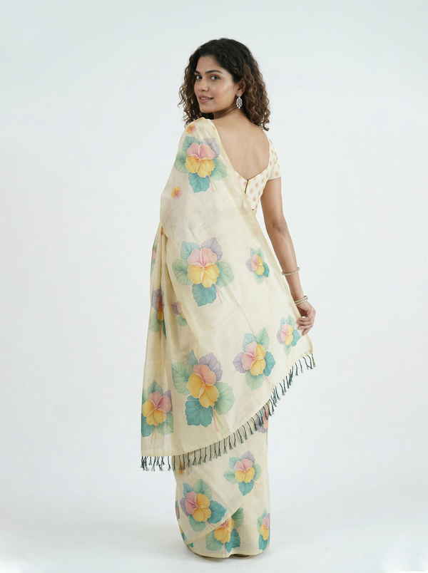 Tissue Silk Cream Watercolor Floral Print Set Saree with Tasseled Border