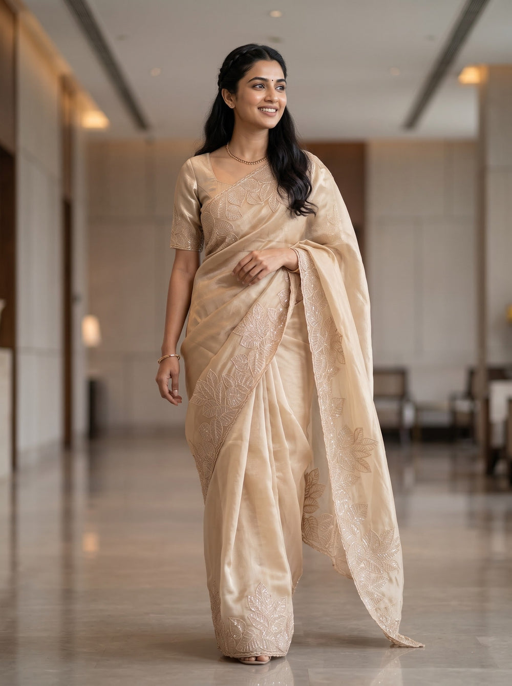 Organza Beige Golden Sequin Leaf Border Saree