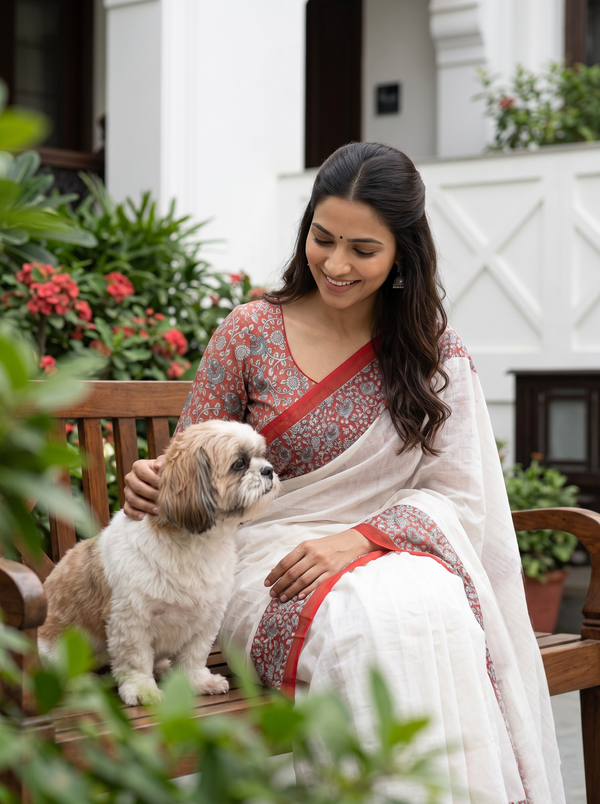 Cotton White Saree with Red Kalamkari Floral Border