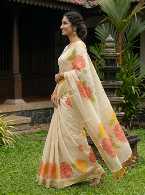 Tissue Silk Cream Pink-Yellow Floral Print Set Saree