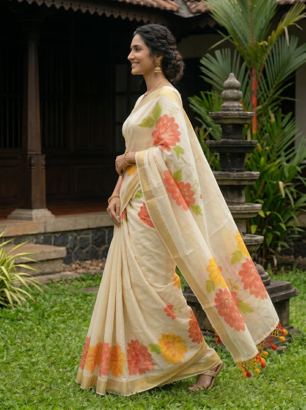 Tissue Silk Cream Pink-Yellow Floral Print Set Saree