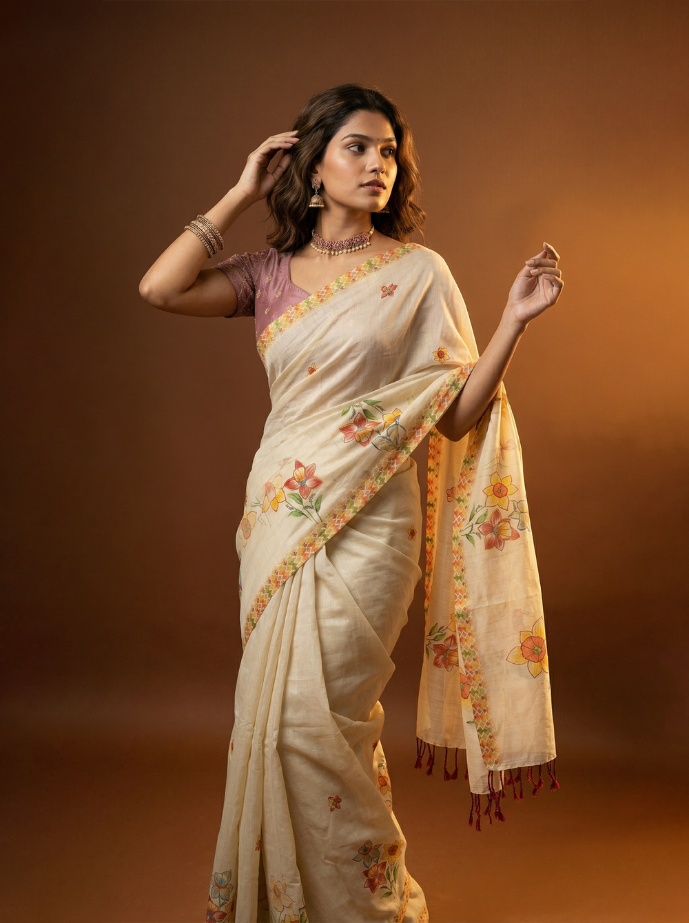 Tissue Silk Cream Printed Floral Set Saree with Diamond Border