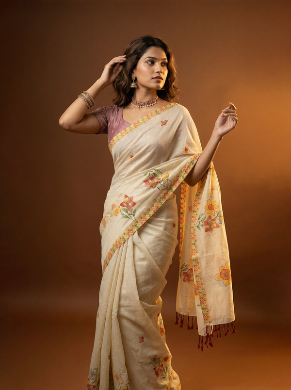Tissue Silk Cream Printed Floral Set Saree with Diamond Border