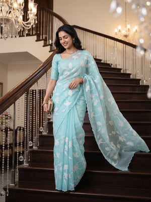 Organza Turquoise Saree White Lotus Applique Design