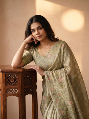 Tissue Beige Botanical Floral Embroidered Saree