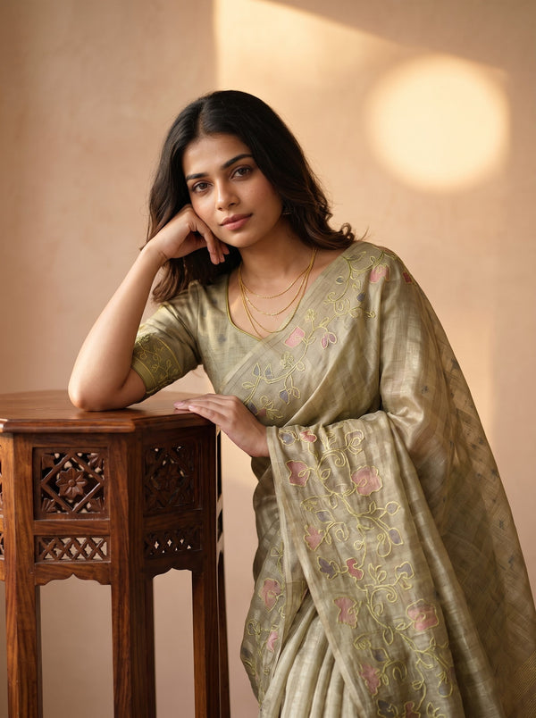 Tissue Beige Botanical Floral Embroidered Saree