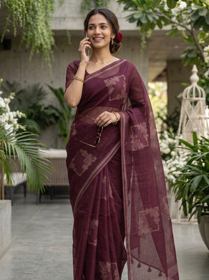 Organza Maroon Self-Tone Tree Motif Saree with Striped Pallu Border and Tassels
